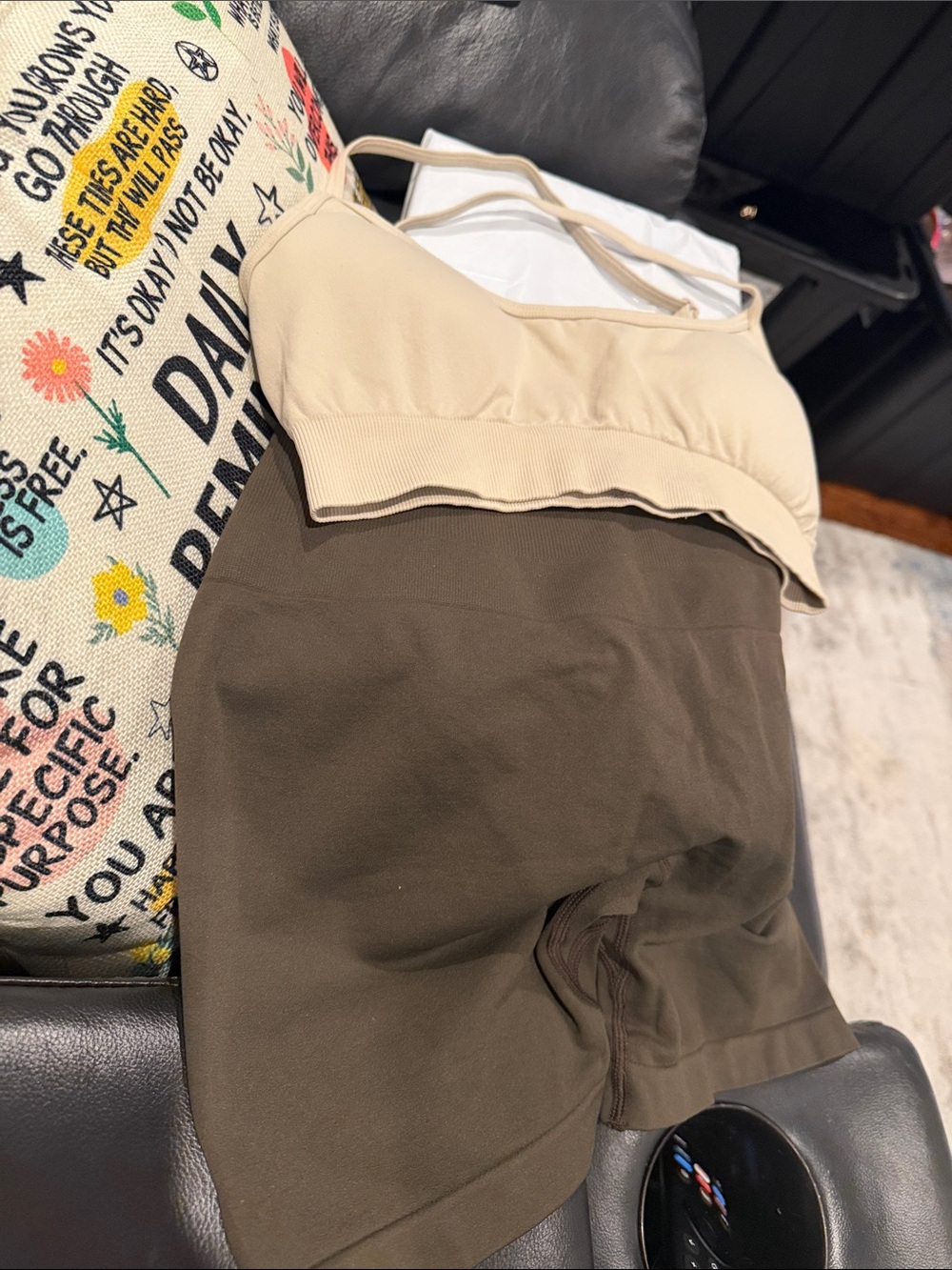 High-Rise Stretch Bike Shorts in Brown and cream top